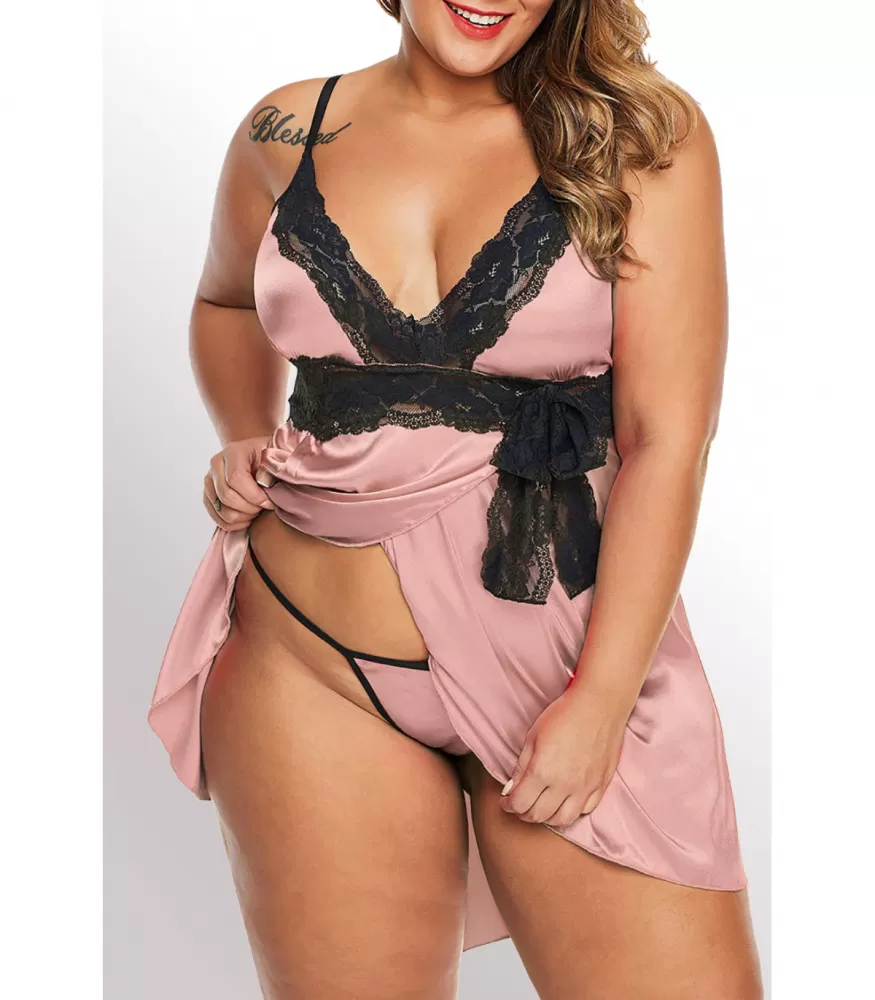 Aprikoosi pitsikoristeinen satiinibabydoll (plus size)