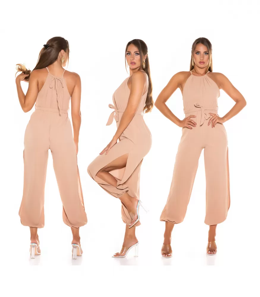 Cappuccino jumpsuit vyöllä ja halkiolahkeilla [LÖYTÖ]