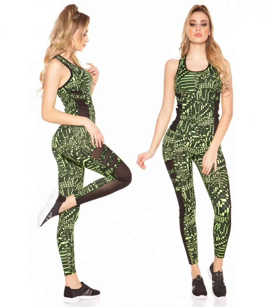 Keltaiset printtikuvioiset mesh treenitrikoot + toppi [LÖYTÖ]