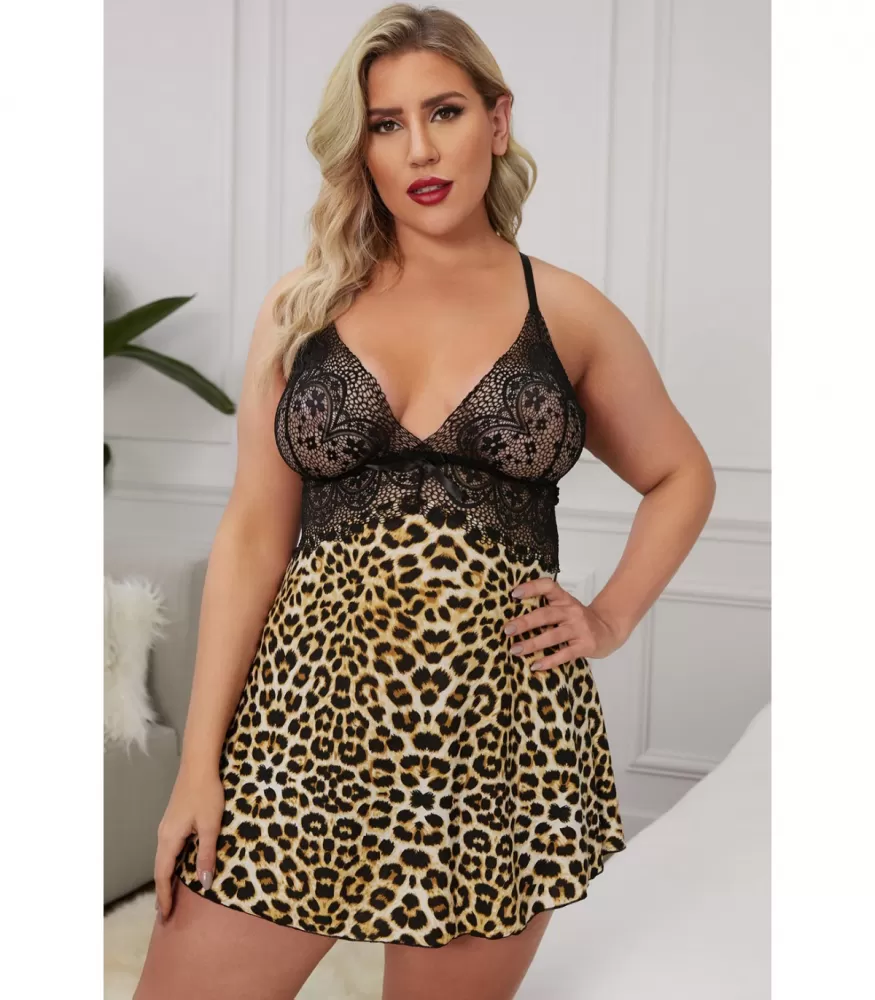 Leokuvioinen pitsikoristeinen babydoll (plus size)