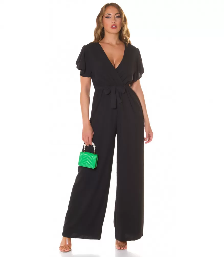 Musta lyhythihainen leveälahkeinen v-jumpsuit vyöllä
