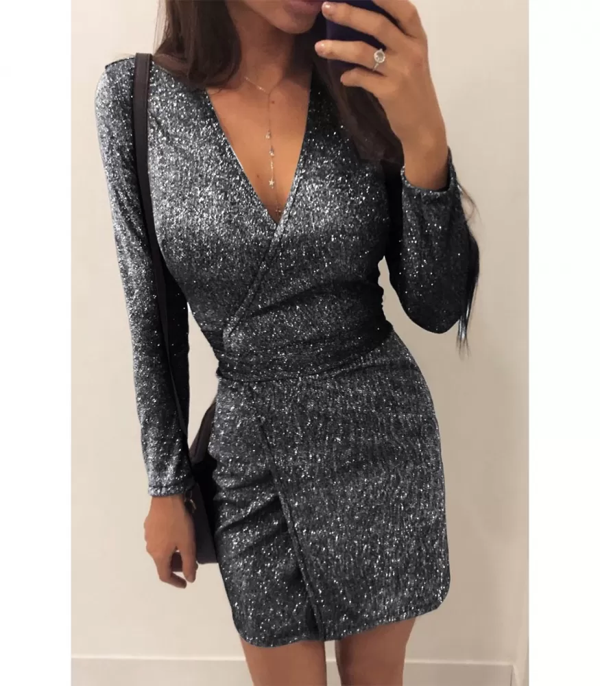 Musta pitkähihainen metalliglitter wrap-look v-mekko