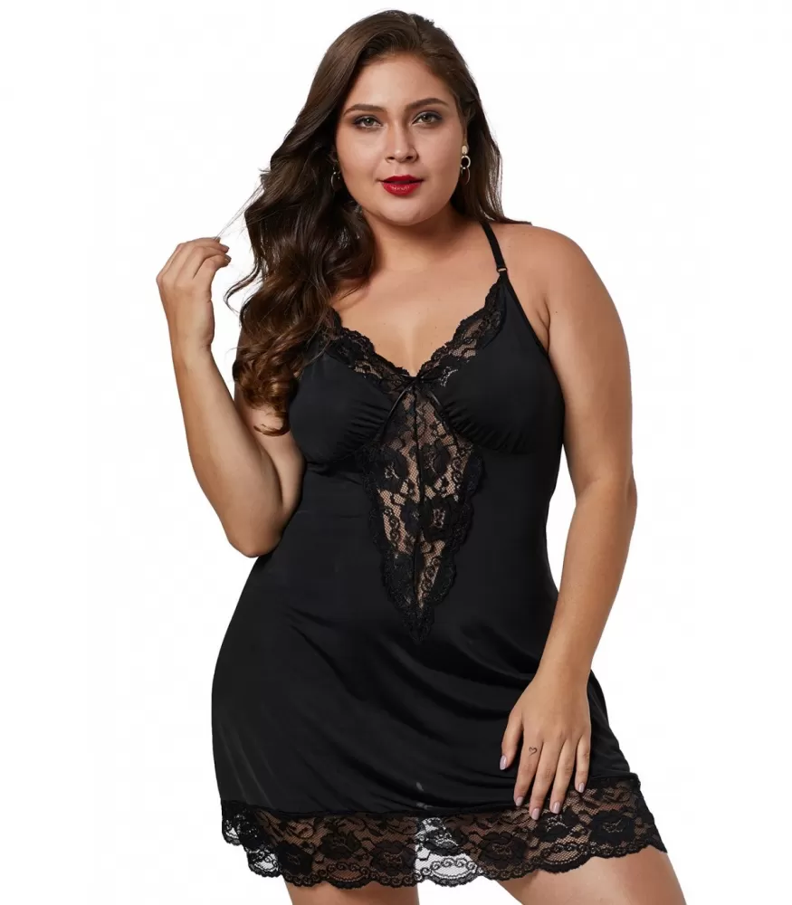 Musta pitsikoristeinen babydoll (plus size)