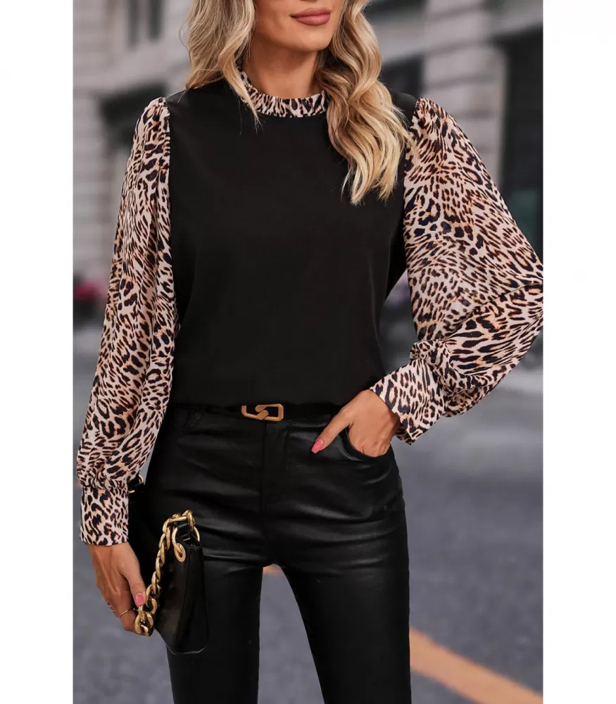 Musta/leopardikuvioinen pussihihainen pusero