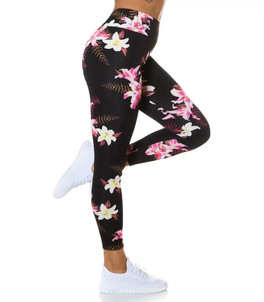 Mustat pinkki/valkoiset kukkakuvioiset leggingsit