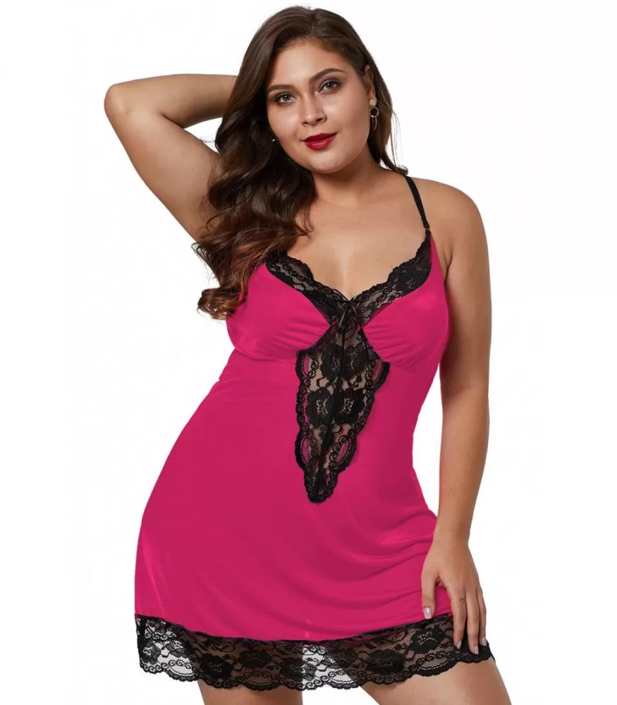 Pinkki pitsikoristeinen babydoll (plus size)
