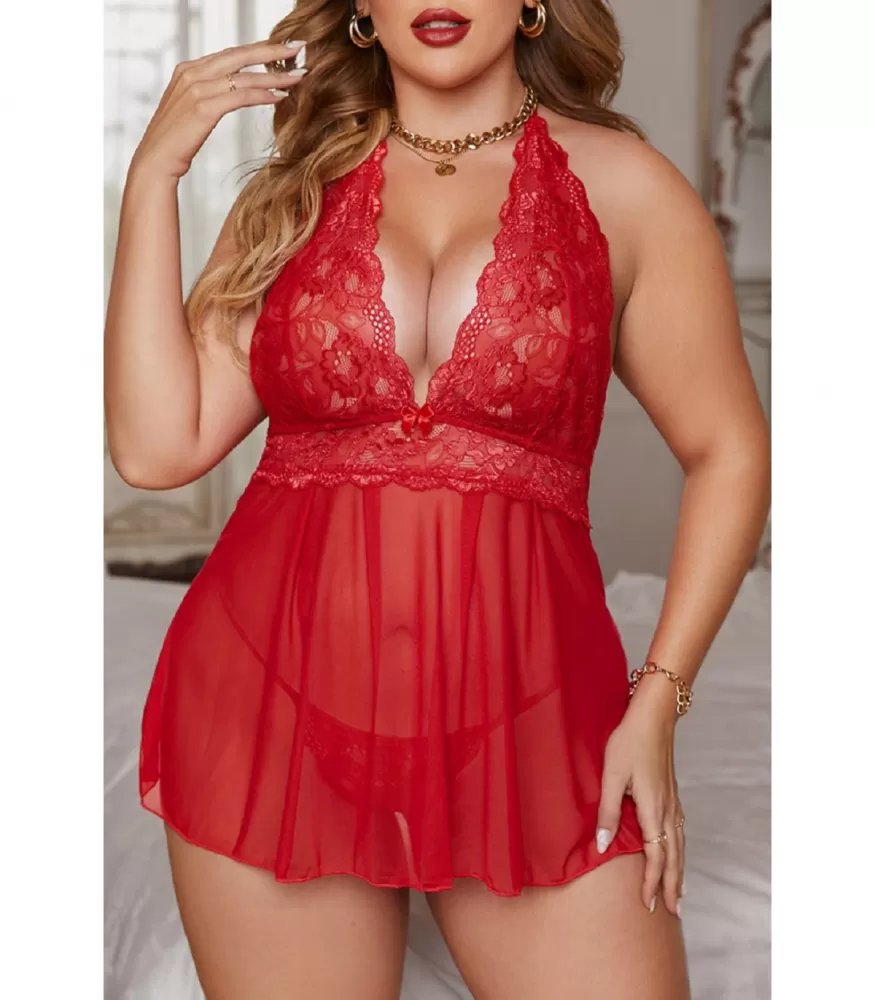Punainen pitsikoristeinen halterneck-babydoll (plus size)
