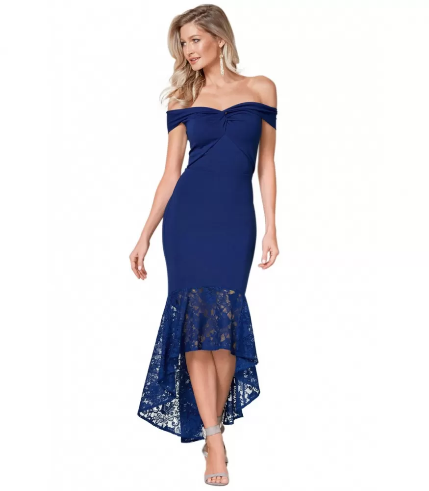 Sininen off-shoulder high low -mekko pitsillä ja twistillä [LÖYTÖ]