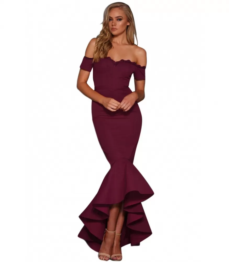 Viininpunainen high low off-shoulder merenneitomekko [LÖYTÖ]