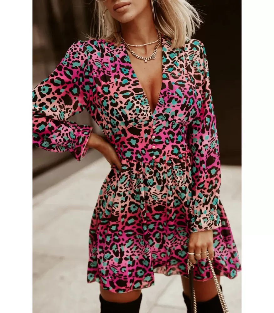 Värikäs leopardikuvioinen pitkähihainen v-mekko napeilla