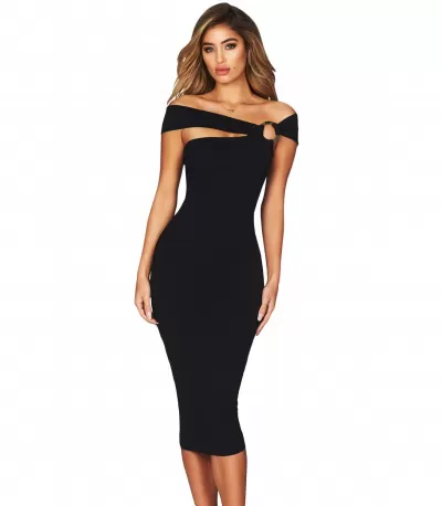 Musta off-shoulder rengaskoristeinen midimekko [LÖYTÖ]