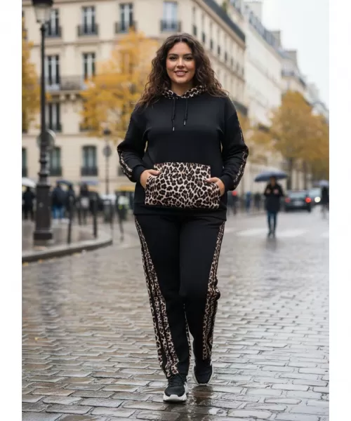 AmyClo musta leopardikuvioinen oloasusetti (plus size)