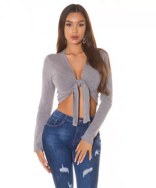 Harmaa pitkähihainen solmittava lyhyt neule