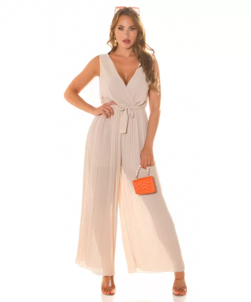 Koucla beige vekkilahkeinen v-jumpsuit vyöllä