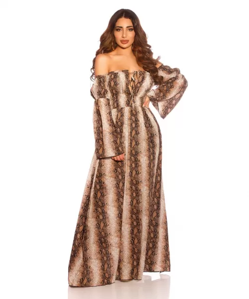 Käärmekuvioinen pitkähihainen off-shoulder mesh-maksimekko