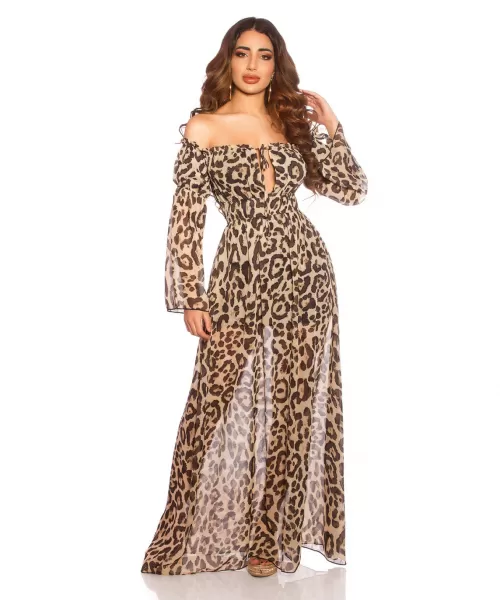Leopardikuvioinen pitkähihainen off-shoulder mesh-maksimekko