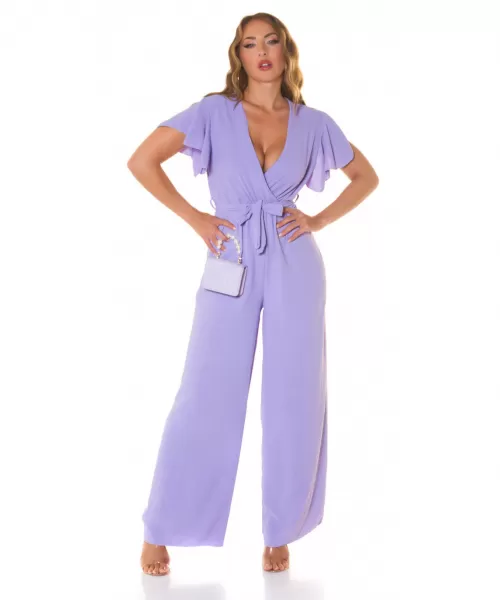 Lila lyhythihainen leveälahkeinen v-jumpsuit vyöllä
