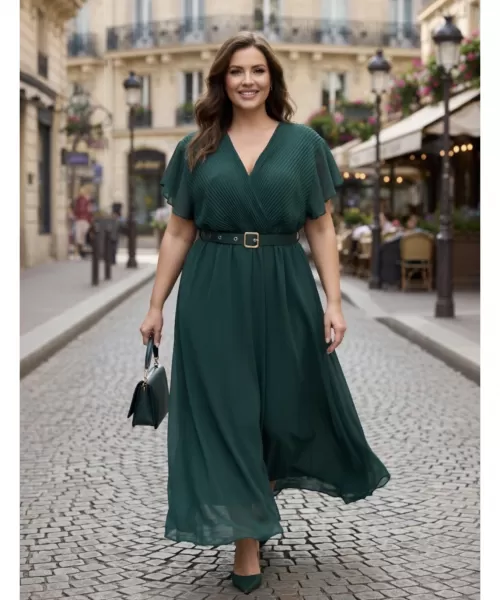 Mily vihreä lyhythihainen pitkä v-mekko vyöllä (plus size)