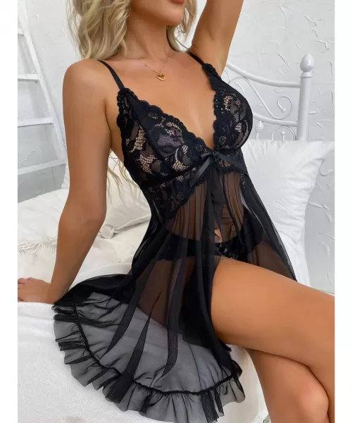 Musta avonainen babydoll pitsillä