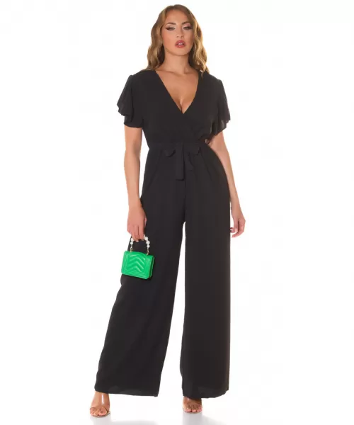 Musta lyhythihainen leveälahkeinen v-jumpsuit vyöllä