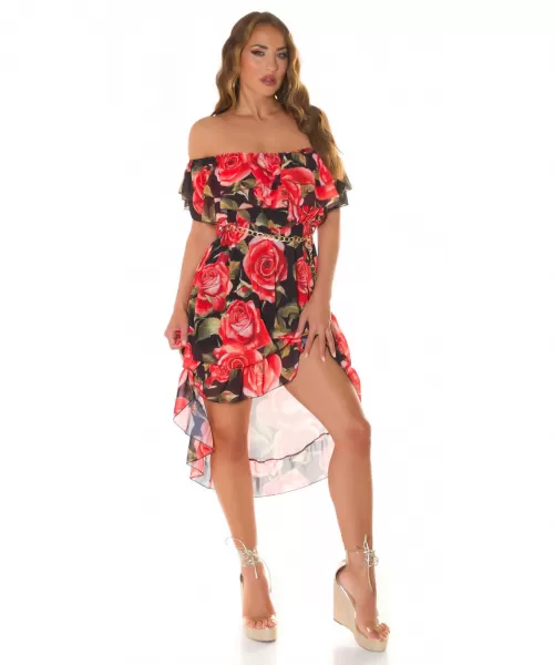Musta ruusukuvioinen off-shoulder high low -mekko ketjuvyöllä