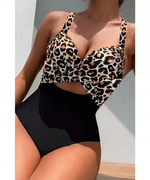 Musta/leopardikuvioinen cut out uimapuku