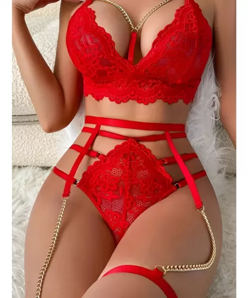 Punainen ketjukoristeinen pitsinen sukkanauhaliivisetti