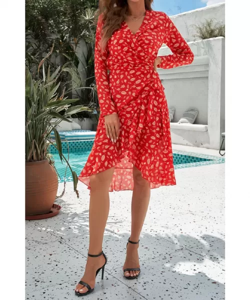 Punainen lehtikuvioinen wrap-look v-mekko