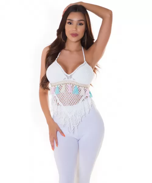 Valkoinen virkattu boho toppi hapsuilla