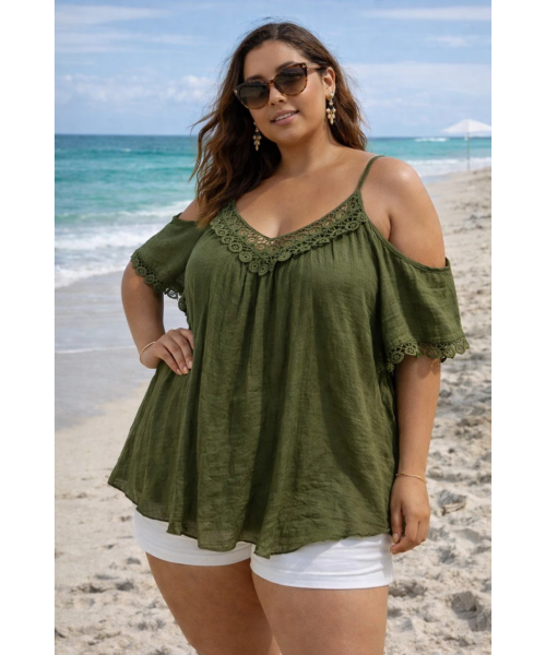 World Fashion koristekirjailtu khaki lyhythihainen paita (plus size)