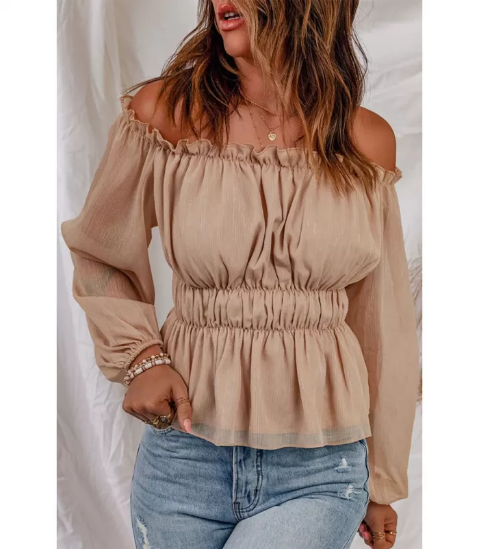 Aprikoosi off-shoulder pusero pussihihoilla [LÖYTÖ]