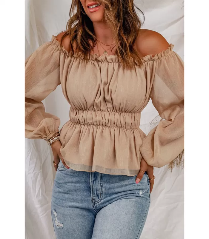 Aprikoosi off-shoulder pusero pussihihoilla [LÖYTÖ]