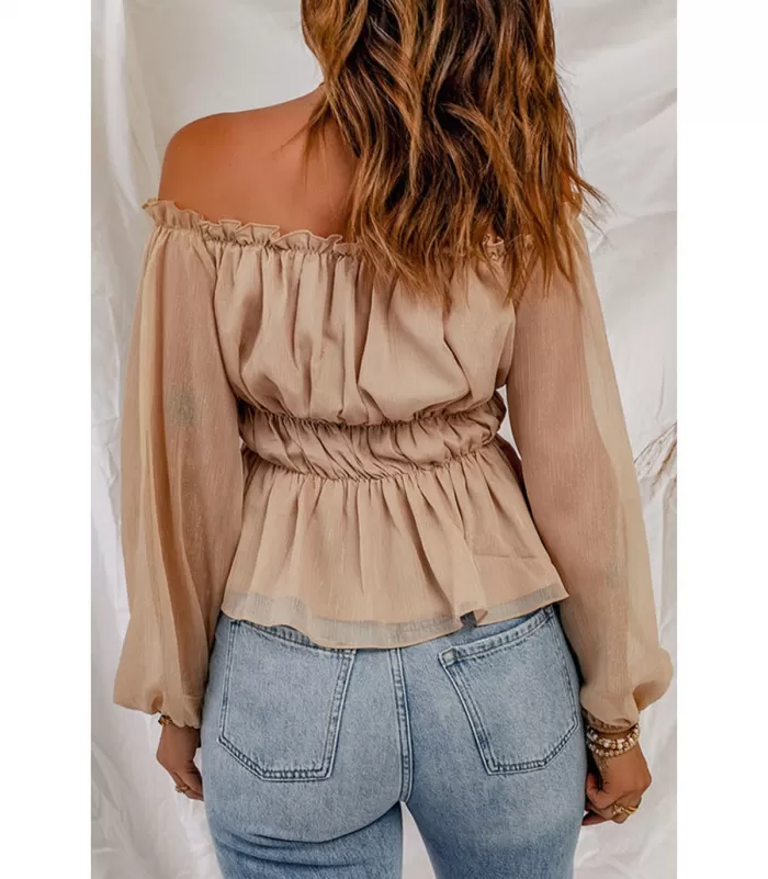 Aprikoosi off-shoulder pusero pussihihoilla [LÖYTÖ]