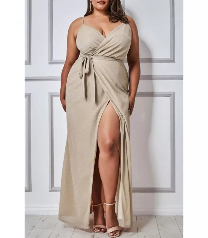 Aprikoosi wrap-look v-maksimekko halkiolla (plus size) [LÖYTÖ]