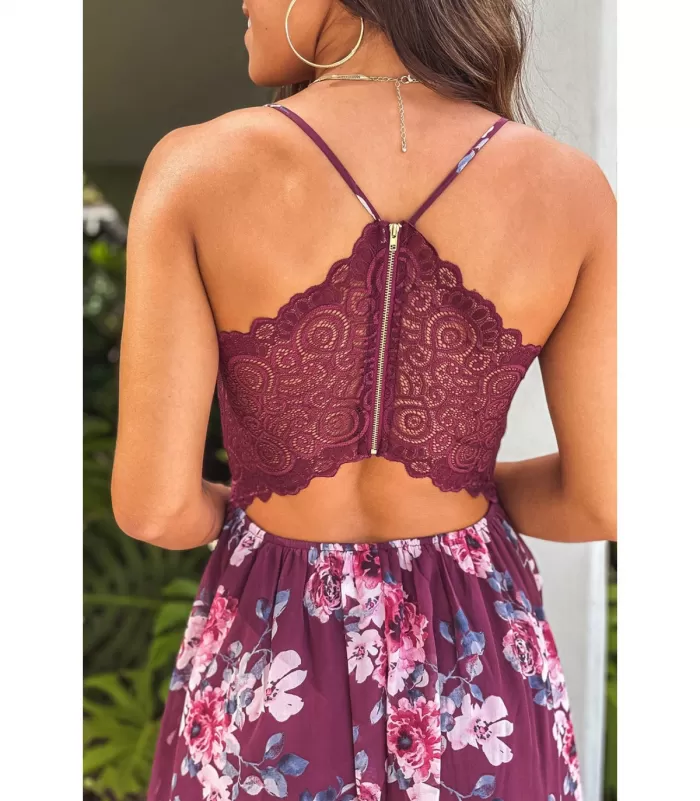 Burgundy kukkakuvioinen pitsiselkäinen high low -mekko [LÖYTÖ]