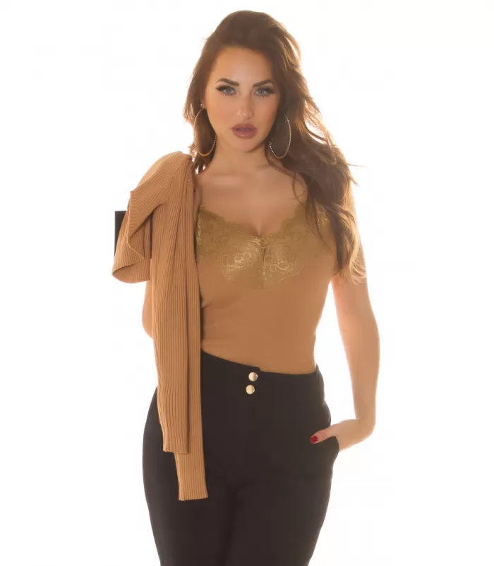 Cappuccino pitsikoristeinen neuletoppi + lyhyt neulepaita