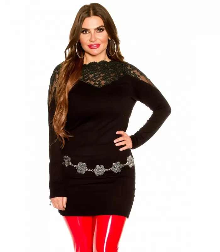 Curvy Girls Koucla musta pitsikoristeinen neulemekko