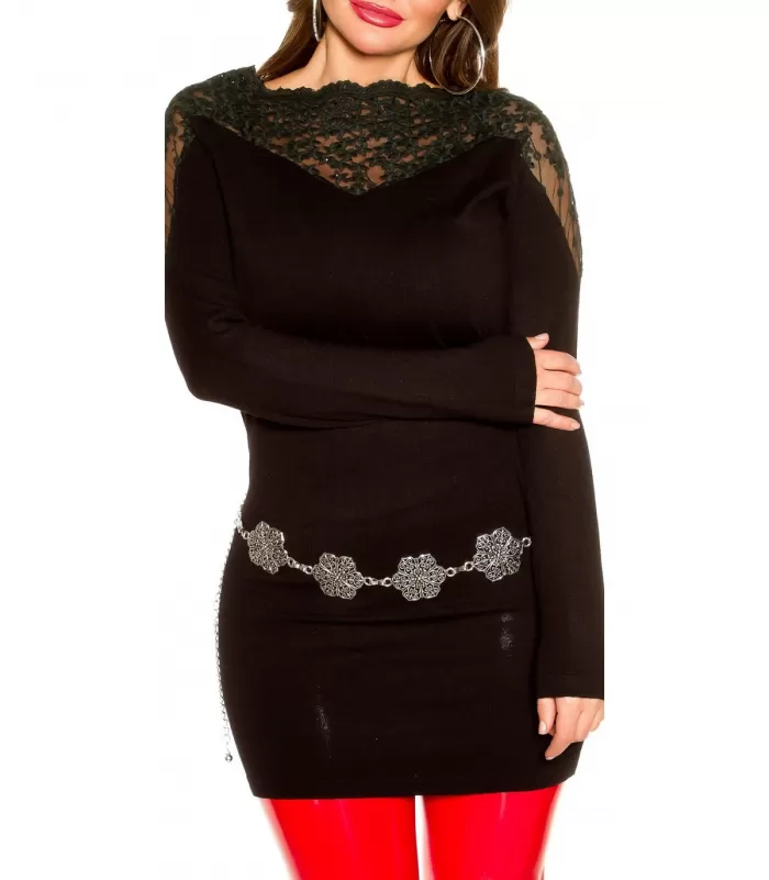 Curvy Girls Koucla musta pitsikoristeinen neulemekko