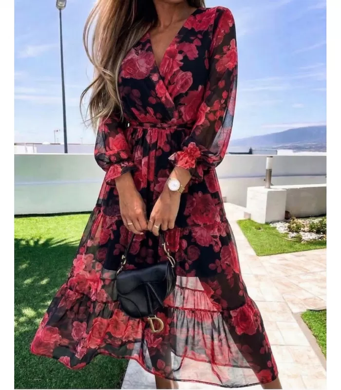 EB mustapunainen ruusukuvioinen pitkähihainen v-sifonkimekko vyöllä