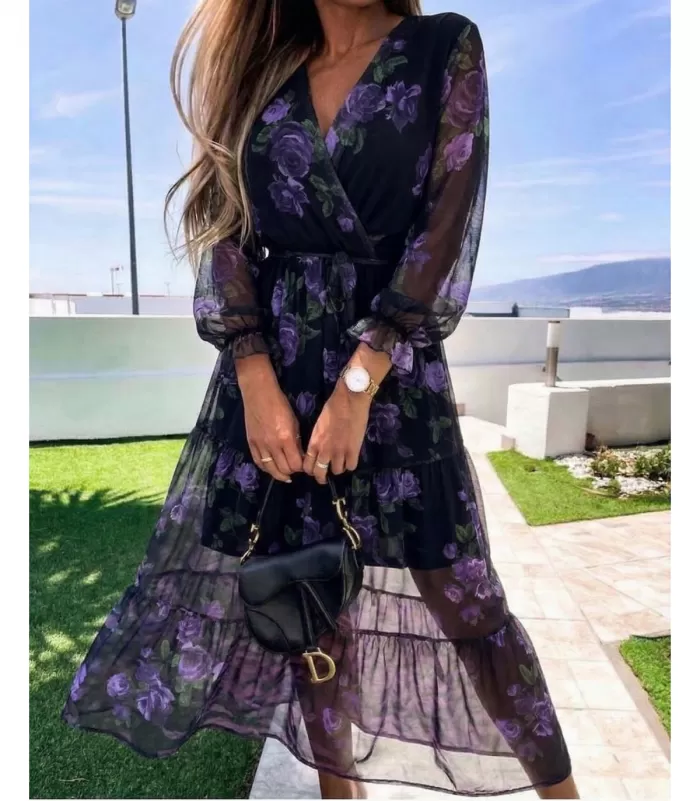 EB mustavioletti ruusukuvioinen pitkähihainen v-sifonkimekko vyöllä