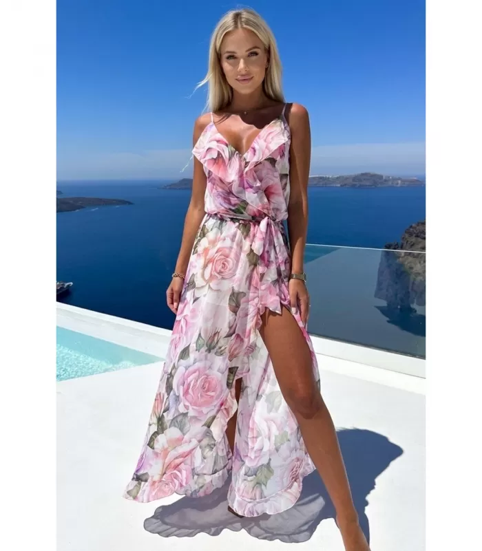 EB vaaleanpunainen röyhelökoristeinen kukkakuvioinen high low -mekko