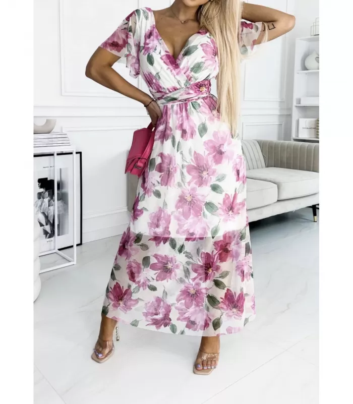 EB valkoinen kukkakuvioinen v-maksimekko vyöllä