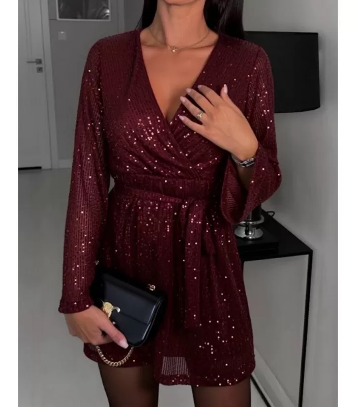 EB viininpunainen wrap-look v-paljettimekko vyöllä