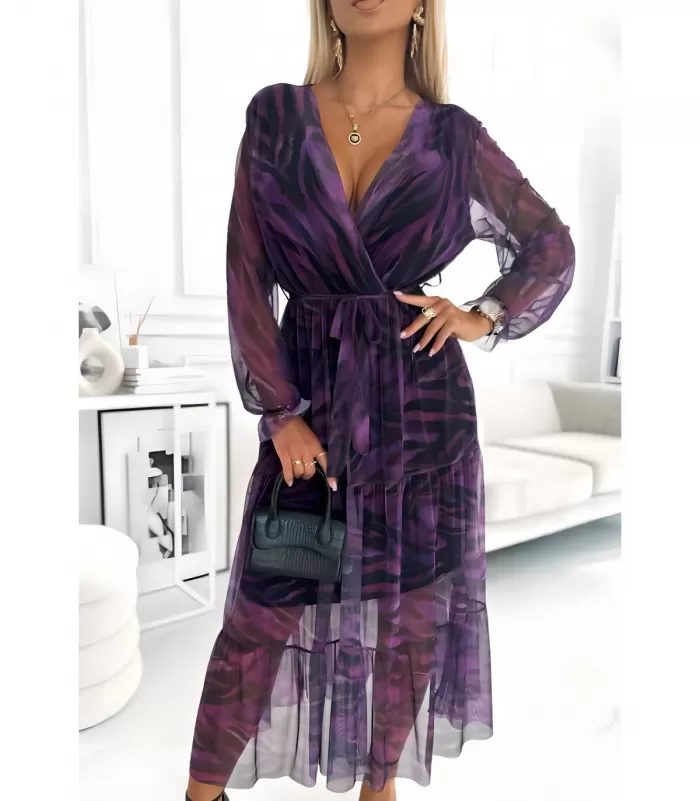 EB violetti seeprakuvioinen pitkähihainen v-sifonkimekko vyöllä