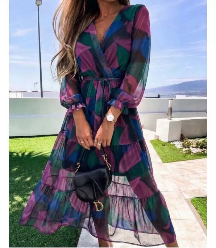 EB värikäs abstraktikuvioinen pitkähihainen v-sifonkimekko vyöllä