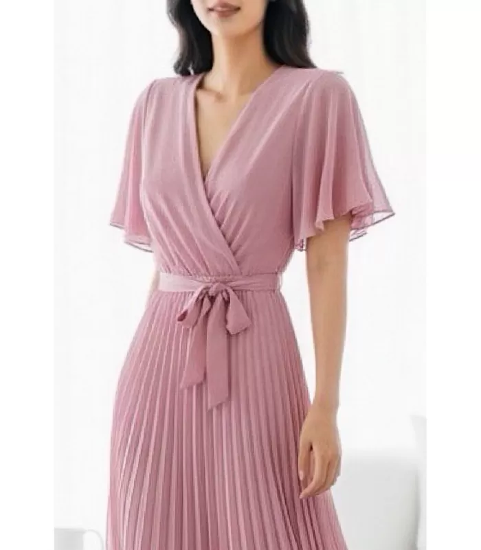 Elle Style Alita vaaleanpunainen pitkä vekkimekko vyöllä