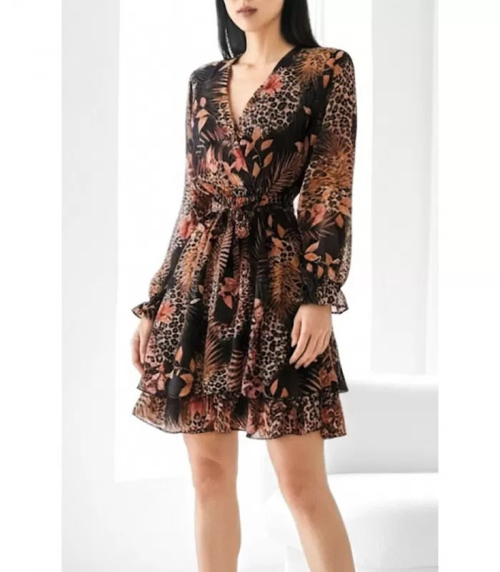 Elle Style Aria musta leo- ja kukkakuvioinen v-mekko vyöllä