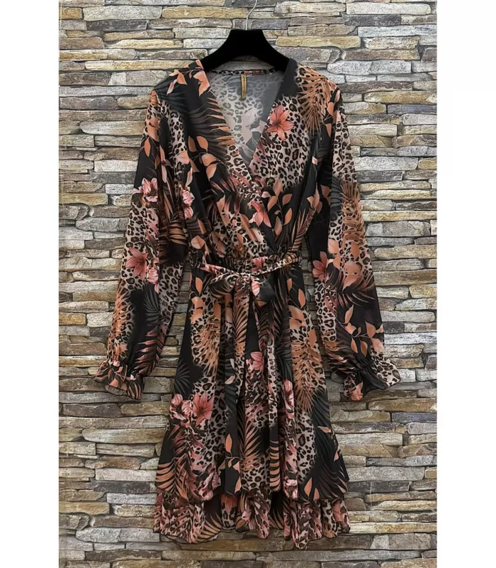 Elle Style Aria musta leo- ja kukkakuvioinen v-mekko vyöllä