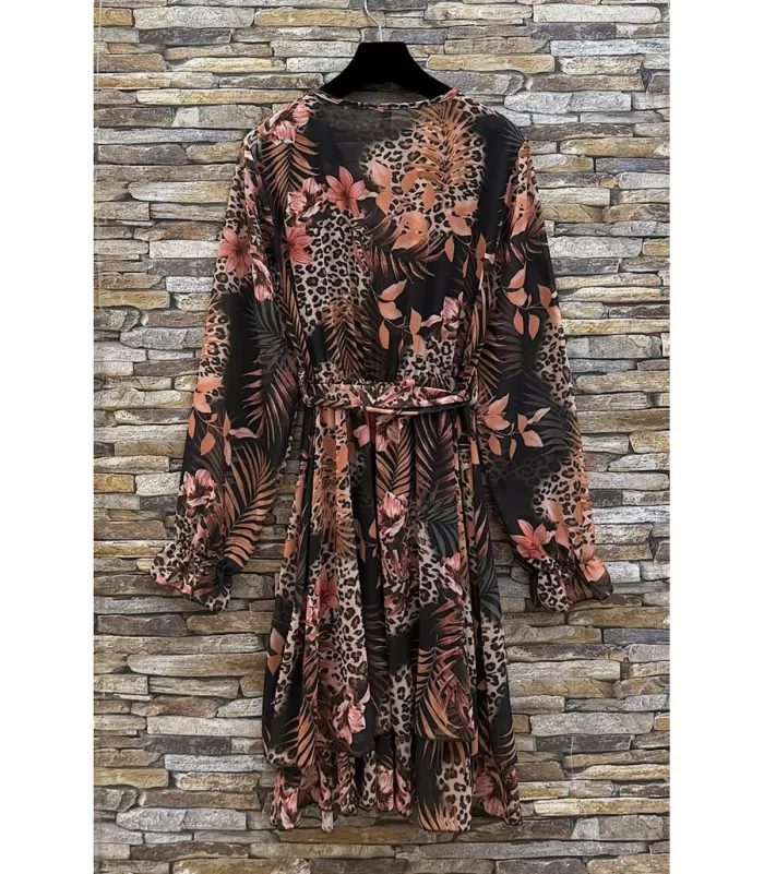 Elle Style Aria musta leo- ja kukkakuvioinen v-mekko vyöllä