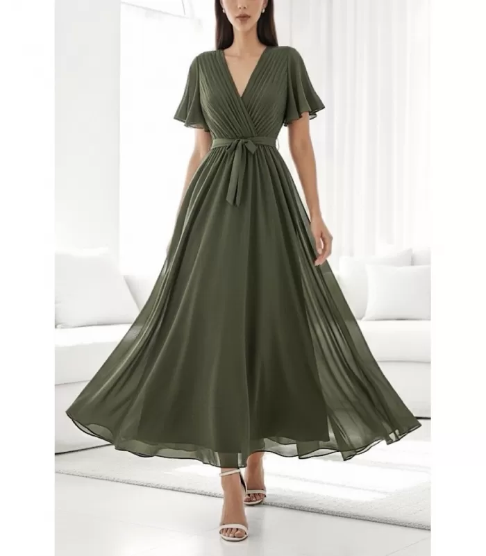 Elle Style Elise khaki pitkä juhlamekko vyöllä